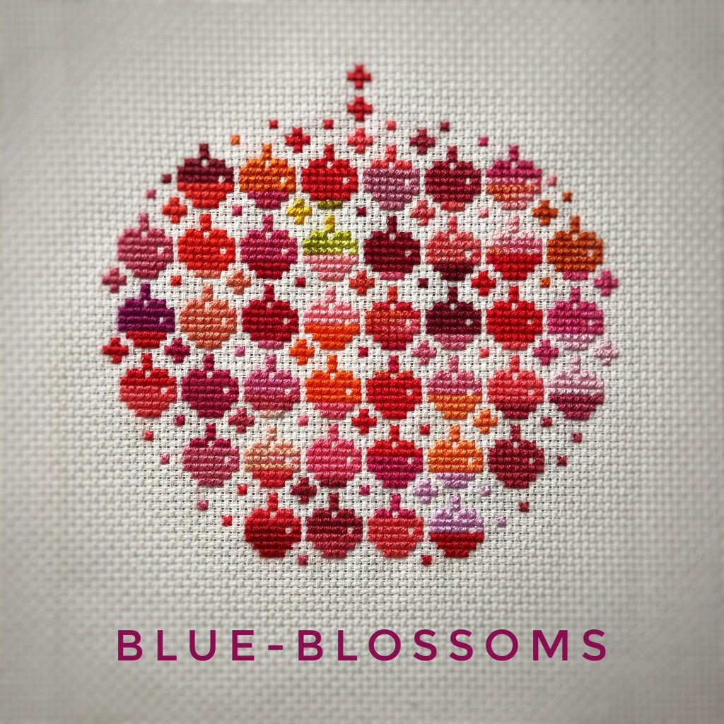 スクラップクロスステッチのapples 余り糸の寄せ集め刺しゅうです Blue Blossoms